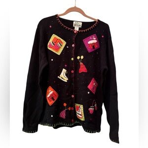 Quacker Factory Winter Motif black cardigan size L